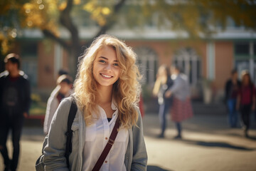 Smiling white student in the school playground. American student. European student. Topics related to education. University open house. Back to school. School holidays. French. 