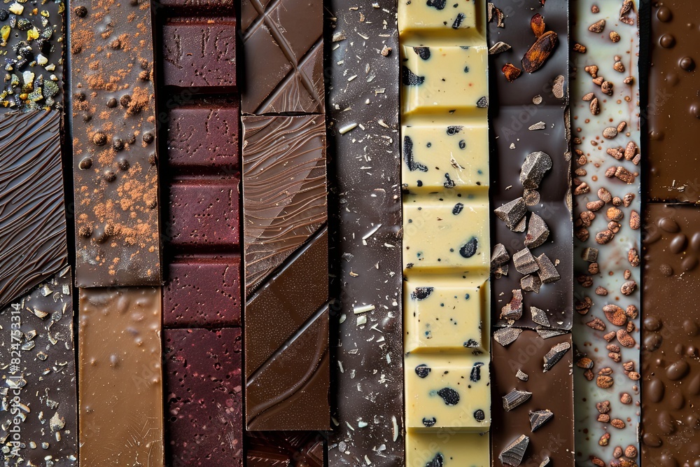 Poster Close up view of a variety of chocolate bars in different flavors and types, neatly arranged with rich colors and high detail. Generative AI