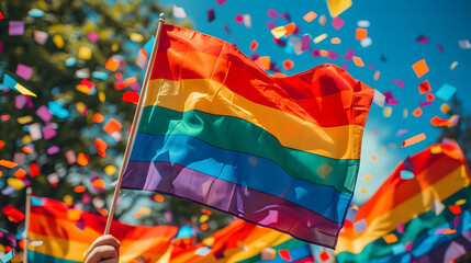 Close-up of a rainbow flag being waved amidst colorful confetti, celebrating Gay pride. 