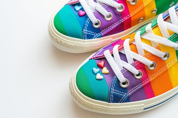 Close-up of vibrant rainbow-colored sneakers with crisp white laces on a clean white background, embodying youthful style, diversity, and the joy of color in fashion footwear