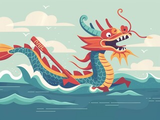 A vibrant, stylized illustration of a colorful dragon boat sailing on the sea against a beautiful sunset. Asian festival