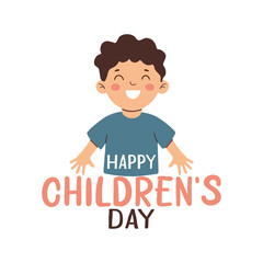 Happy children's day greeting card. Smiling child and colorful lettering isolated on white background. Holiday flat design for banner, poster, flyer. Vector illustration.