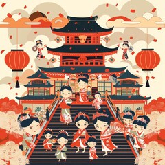 A vibrant and colorful scene depicting a lively Japanese festival, with traditional architecture, festive lanterns, and a crowd of people in traditional attire celebrating and enjoying the festivities