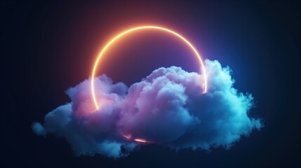 Fototapeta premium Neon glowing ring with vibrant clouds, futuristic background with colorful light effects, abstract digital art design, illuminated circle in dark sky, dreamy atmospheric visuals for creative projects
