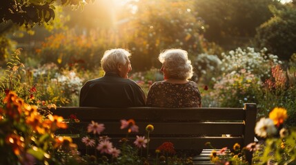 Elderly couple on a garden bench surrounded by flowers at sunset, sharing a heartfelt conversation - Powered by Adobe