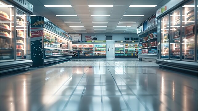 Empty space in a supermarket with fridges. Generative AI.