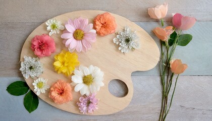 A bright creative artistic background with a palette and multicolored flowers on it. It can be used for postcards, presentations, or social media representing concepts of summer, creativity,  art,
