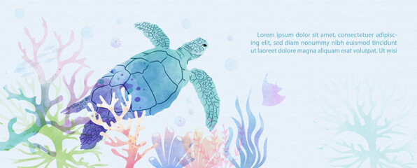Scene of under the sea and ocean in multicolor watercolors style and vector design with sea animal and example texts on light blue background. 