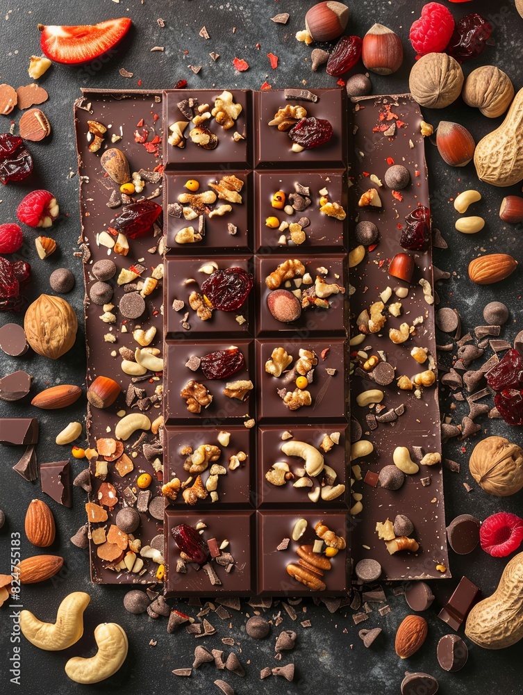Aufkleber A chocolate bar topped with nuts, cranberries, and dried cherries creating a visually appealing and appetizing snack. Generative AI