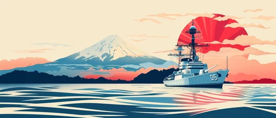 A stylized illustration features a serene sunset with a warship, displaying Japans flag, against a blue sky with fluffy clouds.