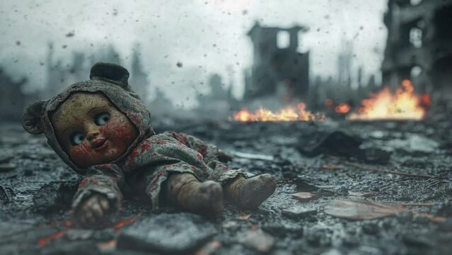 Kid&rsquo;s doll with city ruin background after apocalypse war animation looping video background 