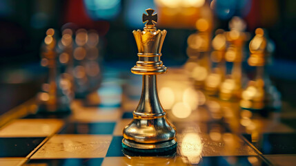 A chess piece is on a black and white board. The board is empty except for the king - Powered by Adobe