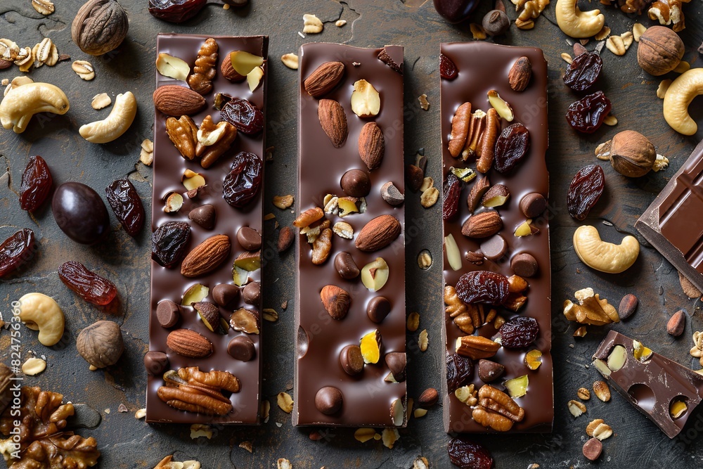 Poster a chocolate bar topped with nuts and chocolate on a wooden table. generative ai