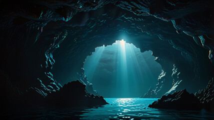 underwater cave with sunlight coming in through the gaps in the rocks