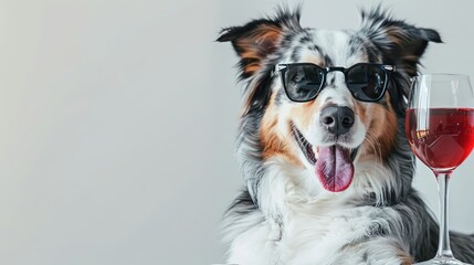 10h portrait of a great australian shepherd wearing sunglasses and holding a glass of red wine, wagging it's tongue, happy expression, banner with copy space