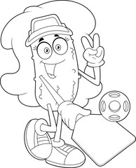 Outlined Cute Pickle Girl Cartoon Character Present Pickleball Sport. Vector Hand Drawn Illustration Isolated On Transparent Background