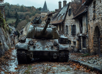 A Military Tank Rests in a Historic Village Street. Generative AI Image.	