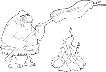 Outlined Stupid Caveman Cartoon Character Cooking A Big Steak. Vector Hand Drawn Illustration Isolated On Transparent Background