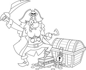 Outlined Funny Pirate Cartoon Character Brandishing Sword With Treasure Chest. Vector Hand Drawn Illustration Isolated On Transparent Background