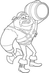 Outlined Funny Pirate Cartoon Character With Axe Carry Wooden Barrel. Vector Hand Drawn Illustration Isolated On Transparent Background
