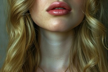 Detailed close-up shot of a woman's pink lips and chin with golden blonde curls