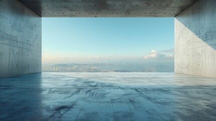 This image features a large concrete-framed opening presenting a breathtaking cityscape beneath a clear blue sky