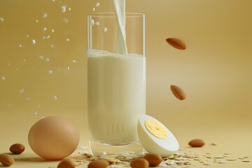 a glass of milk with eggs and almonds