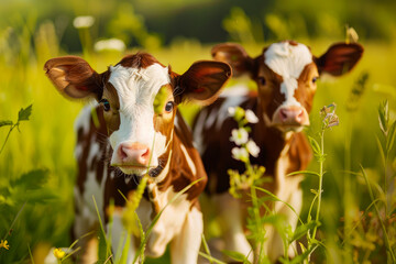 A pair of cute calves standing on a beautiful meadow.