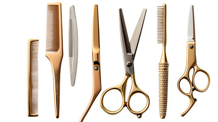  Barber's Tools with Scissors and Comb for Professional Grooming, Isolated on White, Transparent Background, PNG File, Hand Edited Generative AI