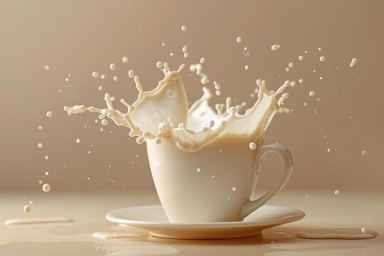 Dynamic shot of coffee splash in white cup creating an artistic and energetic visual with liquid drops frozen in mid-air.