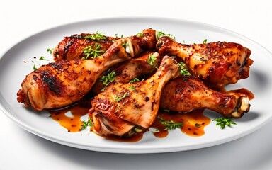 Juicy grilled chicken drumsticks seasoned with fresh herbs on white dish, Ready to eat