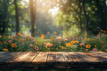 Digital artwork of the wooden table in the woods overlooks the flowers of springtime - Powered by Adobe