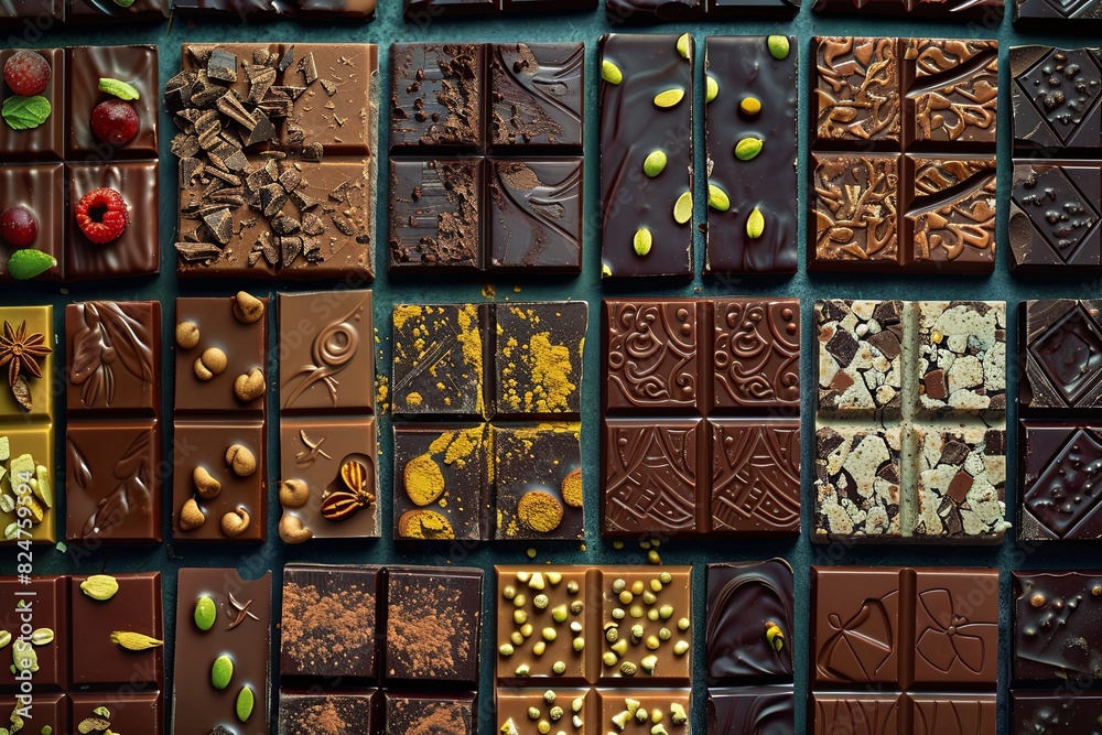 Aufkleber Collection of chocolate bars featuring nuts and various toppings in a vibrant and neatly arranged display. Generative AI