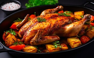 Roasted chicken seasoned with herb and spice on black pan