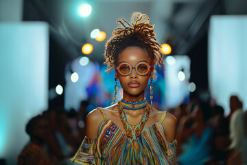 Fototapeta premium A sustainable fashion runway showcasing designs made from organic cotton, hemp, and bamboo fibers.A woman in sunglasses walks down a runway at a fashion show