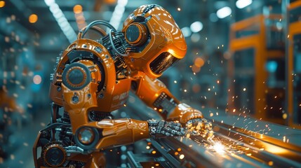 An industrial robotic arm is welding with sparks flying inside a modern factory setting
