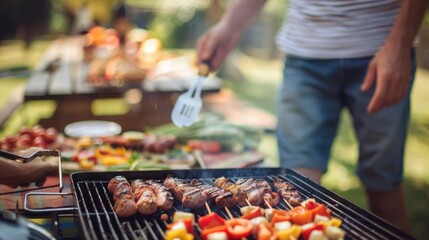 Naklejka premium Grilling Feast: A mouthwatering spread of barbecue meats sizzling on the grill, creating a delicious dinner spread