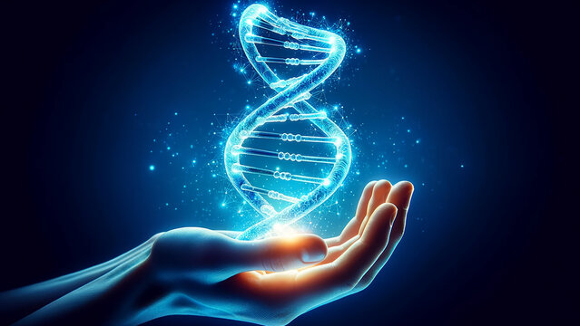 hand holding a transparent, glowing DNA helix against a vivid blue background.