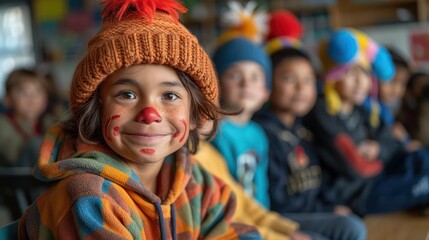 Fototapeta premium A group of third grade students are sitting in a classroom. And one of them was dressed as a cute clown.