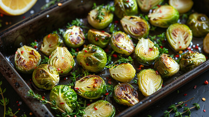 Overhead view of roasted Brussels sprouts