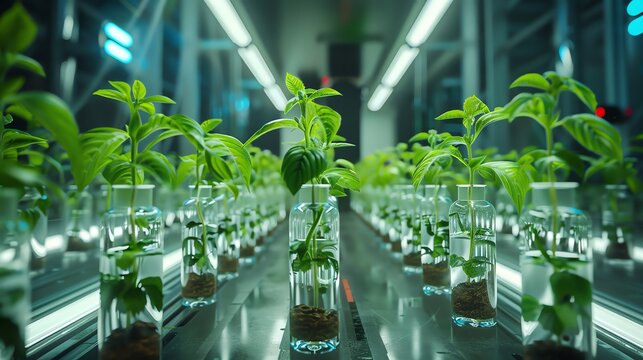 A biotech laboratory with rows of plant specimens growing in controlled test tube environments