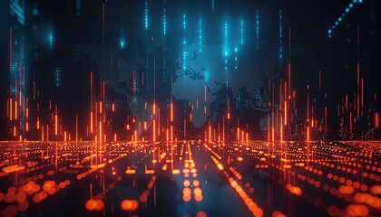 A digital visualization of a global data network featuring financial charts and graphs with a glowing world map
