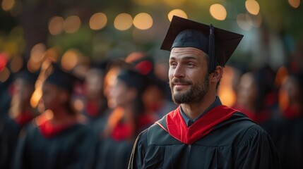 A male student wearing a cap and gown addresses the graduating class.