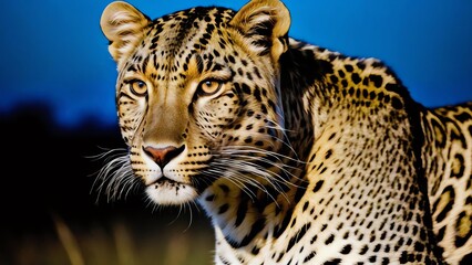 Close-Up Leopard In A Serengeti Grassland At Night, Luxurious Silk Texture. 