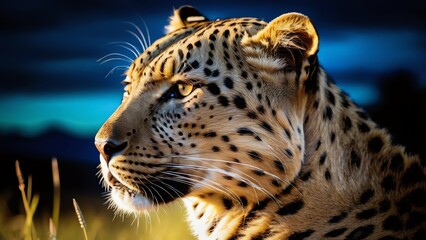 Close-Up Leopard In A Serengeti Grassland At Night, Luxurious Silk Texture. 