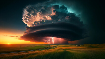 towering supercell thunderstorm dominating the horizon over a serene prairie at sunset.