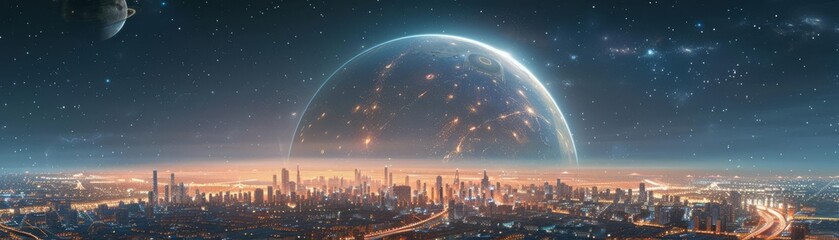 Hightech metropolis encircled by a luminous orbital ring, large moon looming in the background, showcasing urban innovation