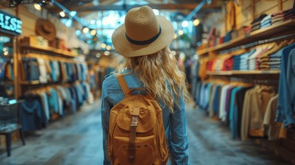 Back view of a blond woman wearing a straw hat and backpack shopping in a fashion retail store, depicting urban lifestyle