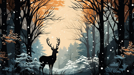 Winter Forest in the style of Vector Illustration: Simple and Flat Design Featuring a Deer Amidst a Snowfall - Dark Background, Minimalist Shapes, Ideal for Modern Graphic Projects