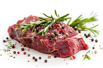 a piece of raw meat with spices and herbs